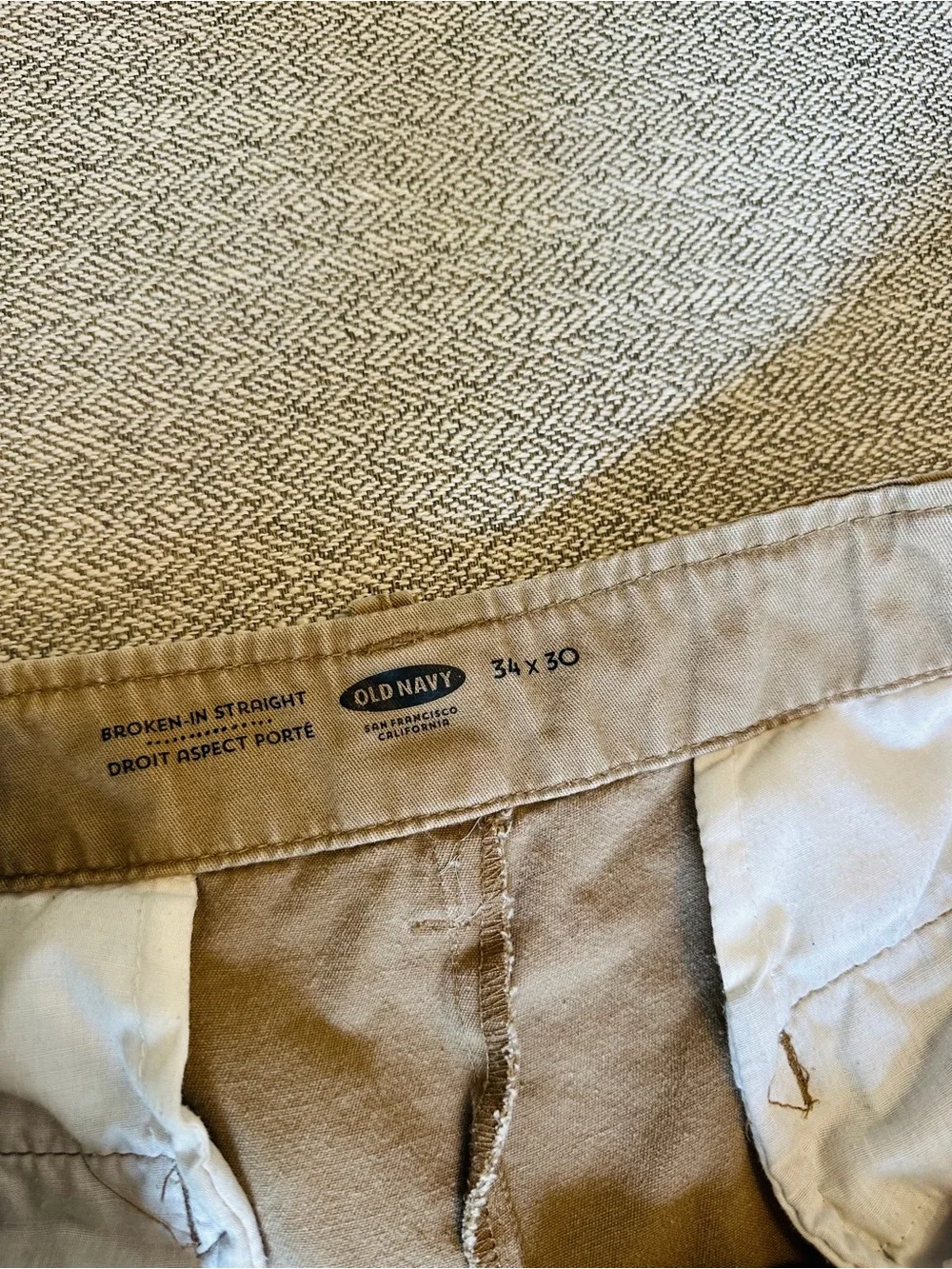 Old Navy Broken-In Straight Men’s Dark Khaki Chino Pant 34x30 Flat Front Cotton